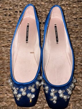 Zara Royal Blue Satin Jeweled Ballet Flats
